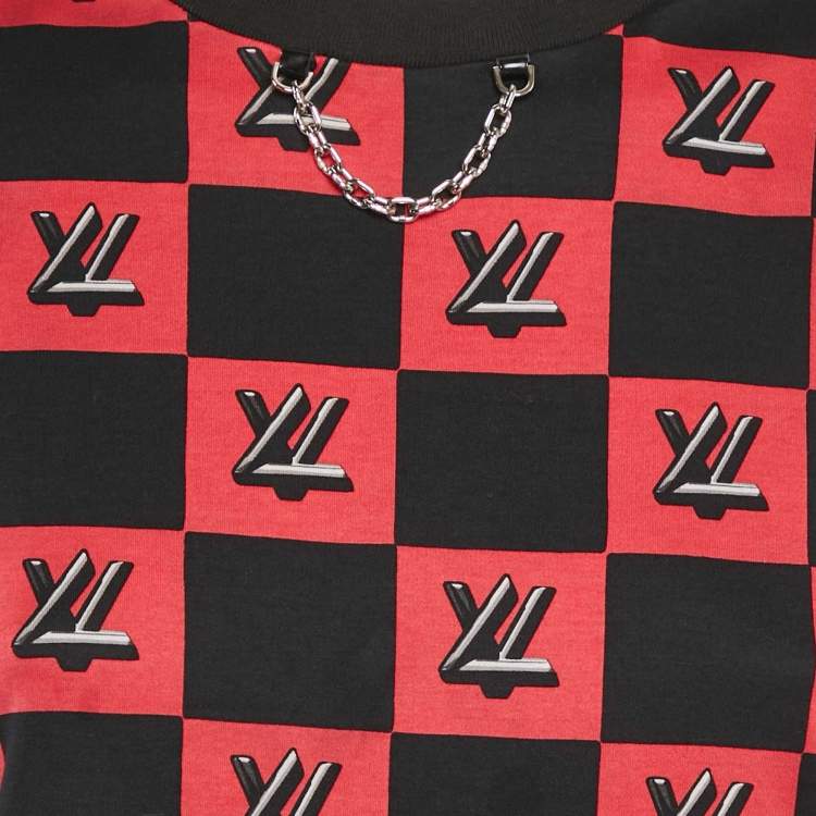 Pre Owned Louis Vuitton Black/Red Logo Checkered Jersey Cap Sleeve Top M