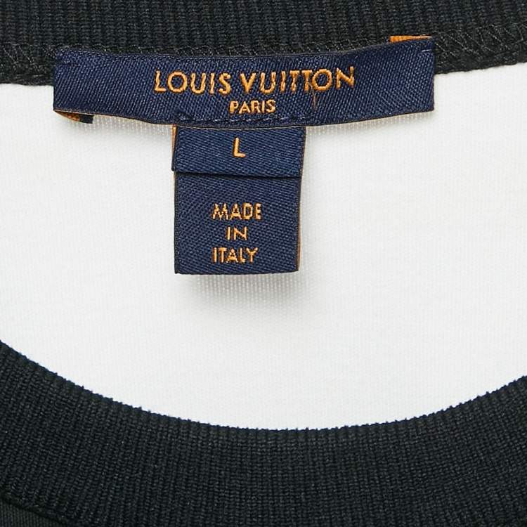 Pre Owned Louis Vuitton Black/White Logo Printed Cotton Chain Detail Crew Neck T-Shirt L