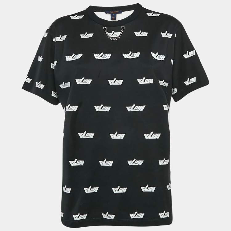 Pre Owned Louis Vuitton Black/White Logo Printed Cotton Chain Detail Crew Neck T-Shirt L