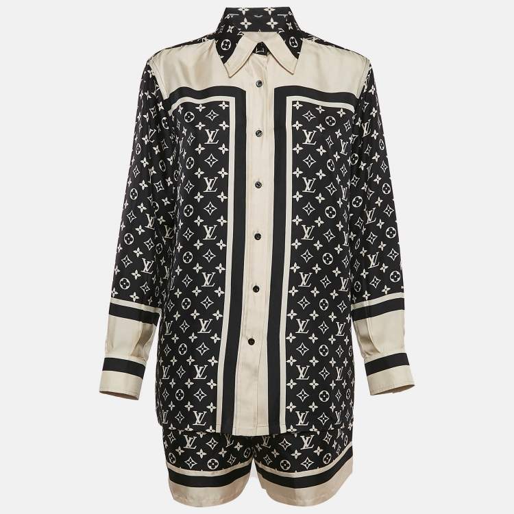 Pre Owned Louis Vuitton Black Monogram Print Silk Shirt and Shorts Set M
