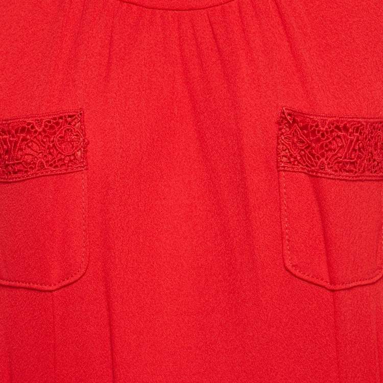 Pre Owned Louis Vuitton Red Crepe Lace Trimmed Short Dress L