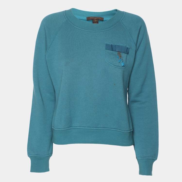 Pre Owned Louis Vuitton Teal Blue Cotton Bow Lock Charm Patch Pocket Fleece Sweater M
