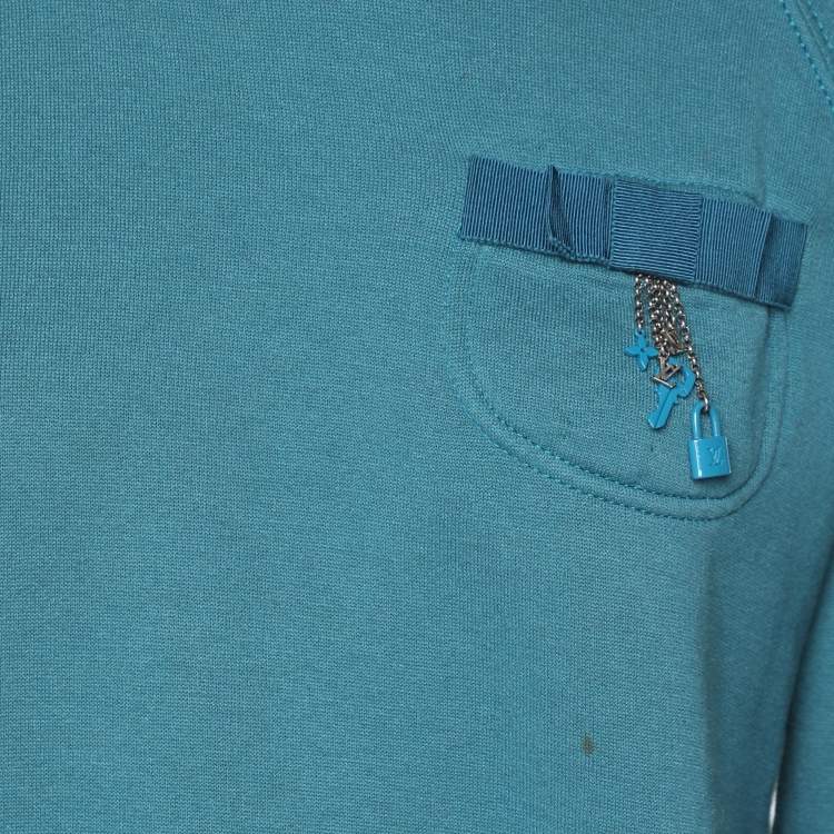 Pre Owned Louis Vuitton Teal Blue Cotton Bow Lock Charm Patch Pocket Fleece Sweater M