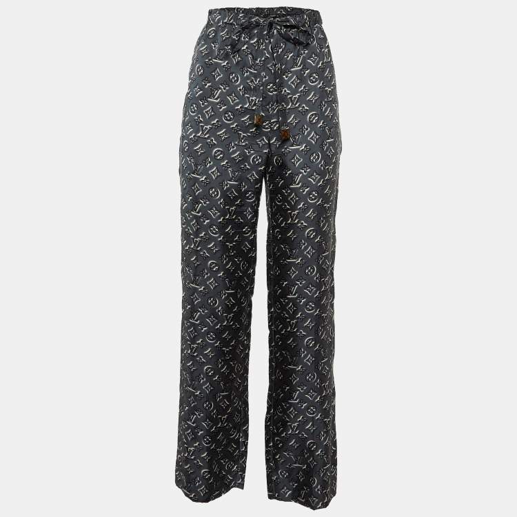 Pre Owned Louis Vuitton Grey Logo Print Silk Trousers S