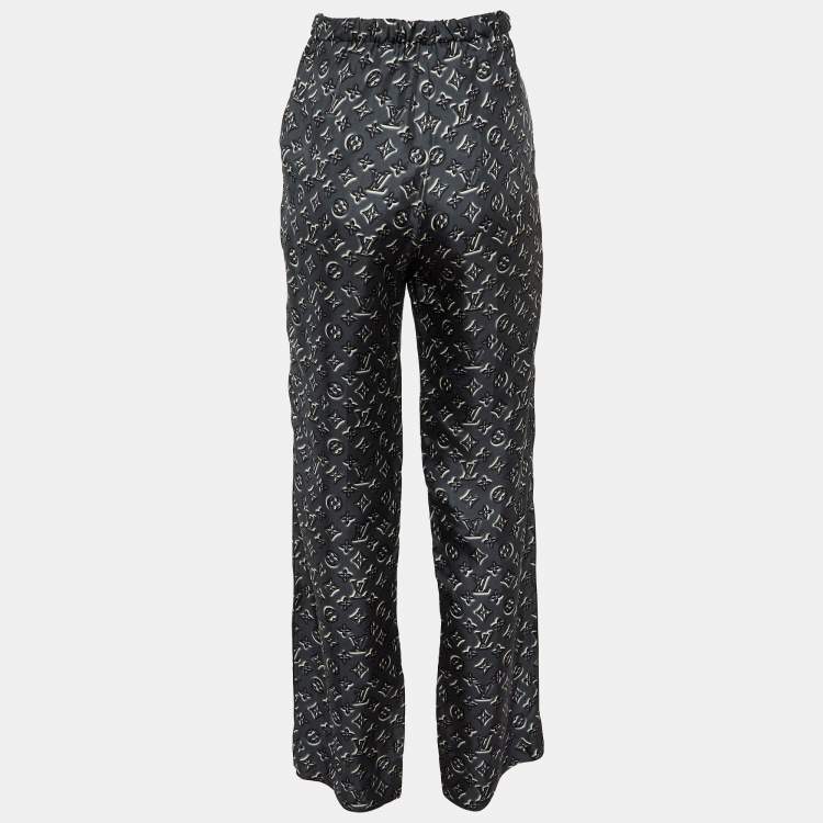 Pre Owned Louis Vuitton Grey Logo Print Silk Trousers S