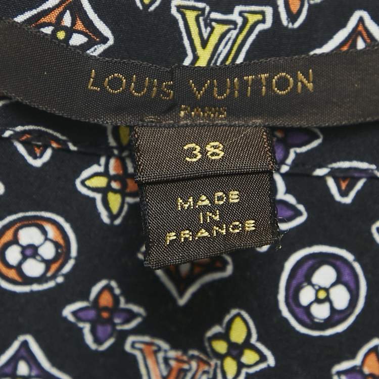 Pre Owned Louis Vuitton Black Monogram Print Chiffon Ruffled Mini Dress M