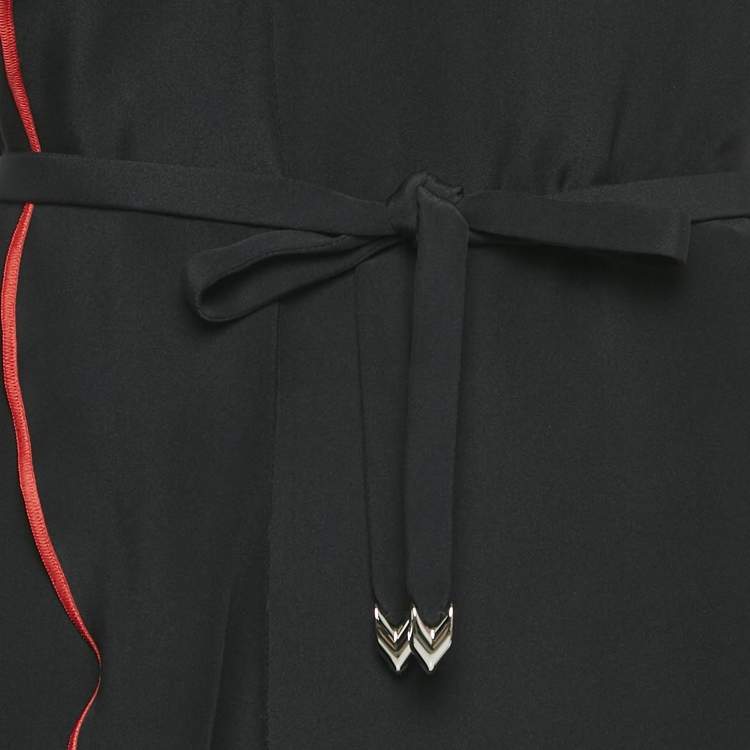 Pre Owned Louis Vuitton Black Silk Contrast Trim Detail Belted Midi Dress M