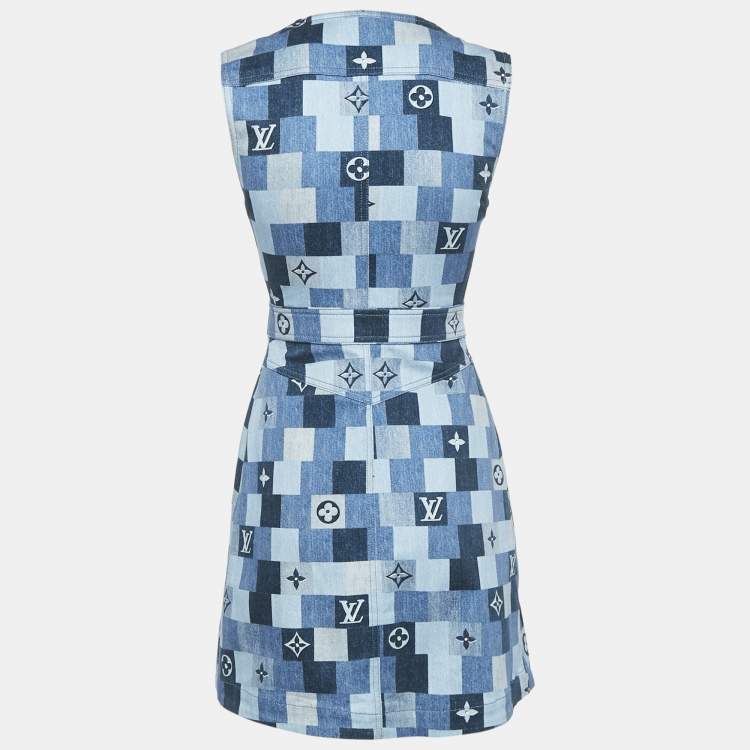Pre Owned Louis Vuitton Blue Monogram Checks Denim Mini Dress S