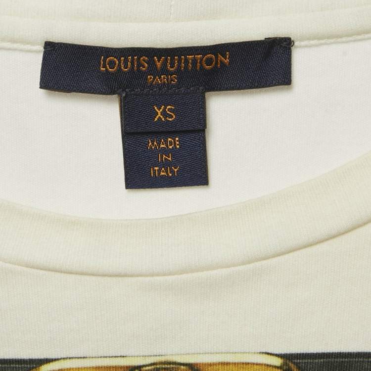 Pre Owned Louis Vuitton Cream Printed Cotton Crew Neck T-Shirt XS