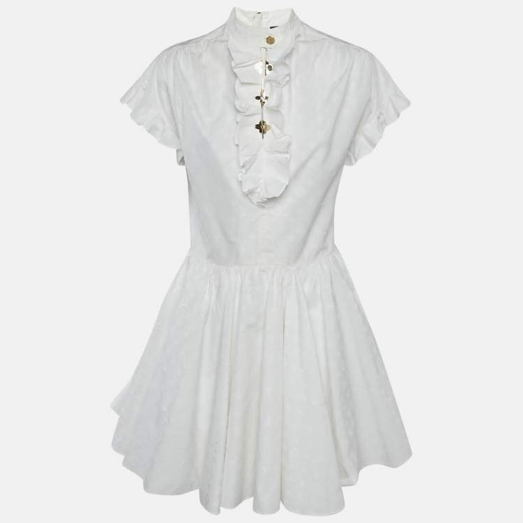 Pre Owned Louis Vuitton White Logo Dobby Cotton Ruffled Mini Dress M