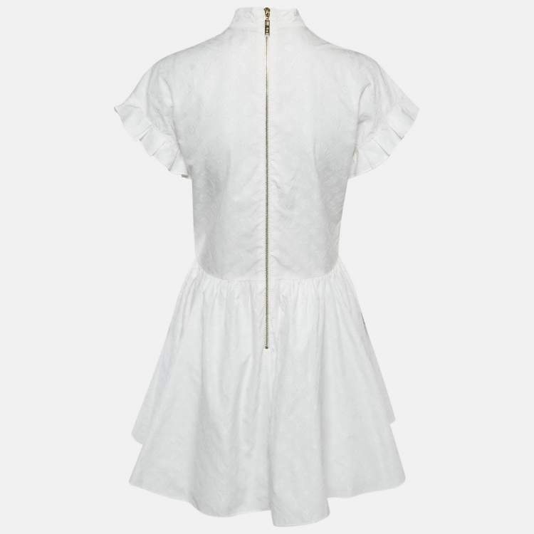 Pre Owned Louis Vuitton White Logo Dobby Cotton Ruffled Mini Dress M