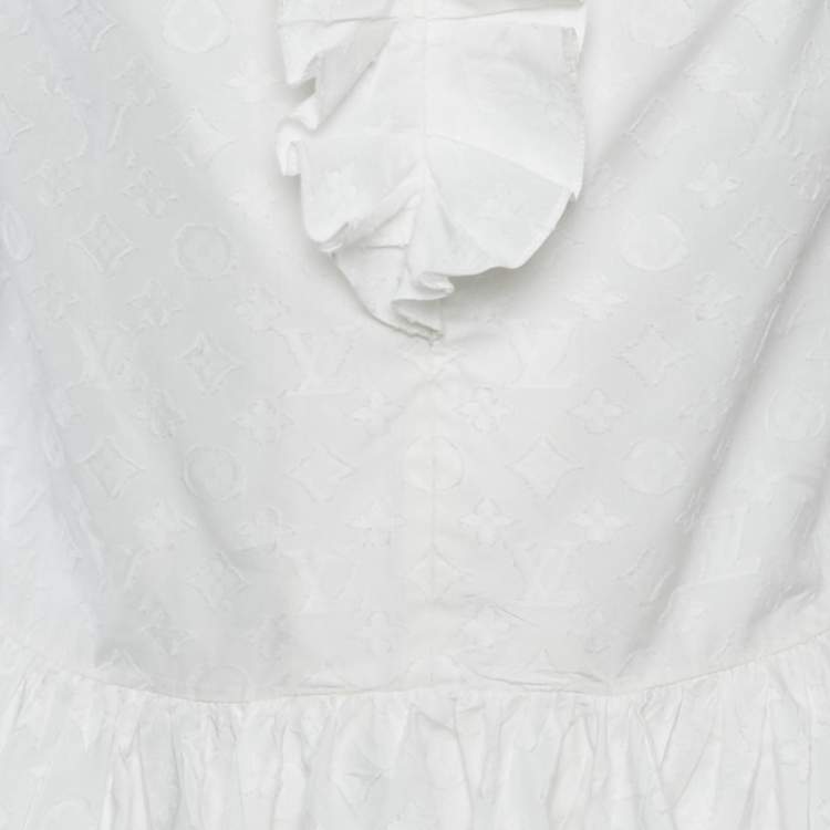 Pre Owned Louis Vuitton White Logo Dobby Cotton Ruffled Mini Dress M