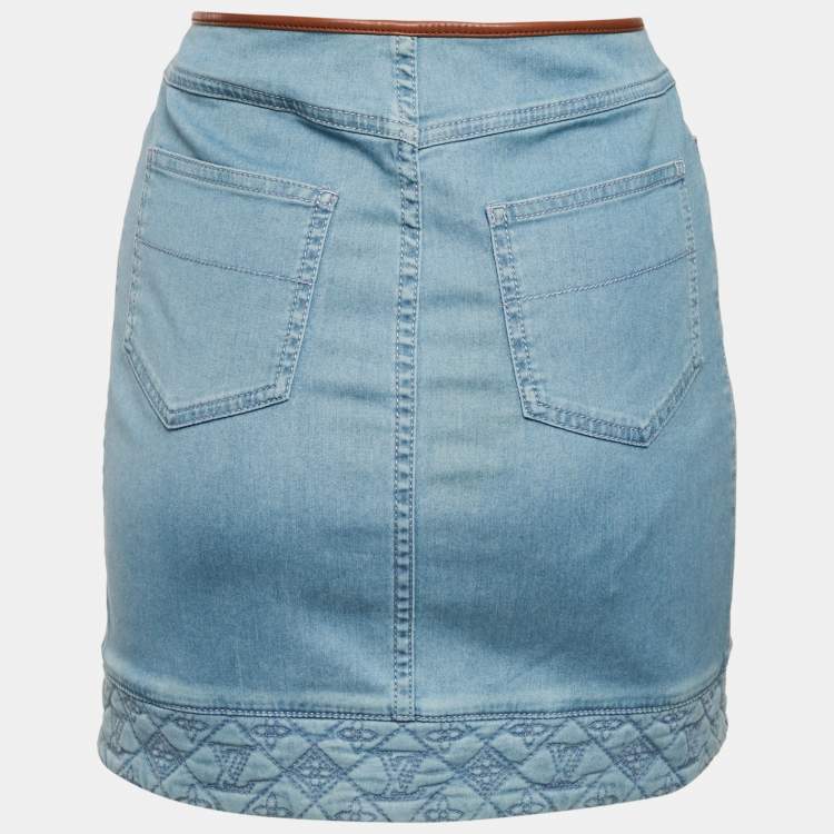 Pre Owned Louis Vuitton Blue Denim Logo Quilt Detail Mini Skirt M Waist: 29”