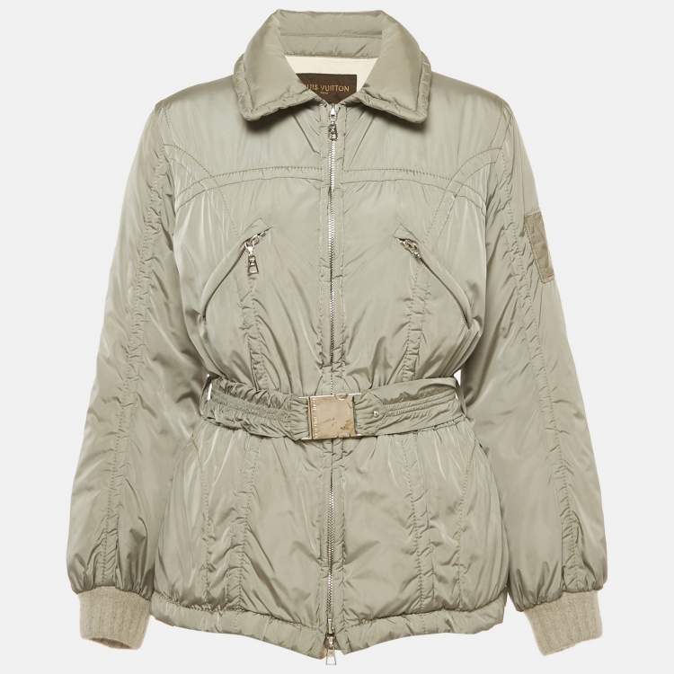 Pre Owned Louis Vuitton Grey Nylon Zip-Up Belted Down Jacket M
