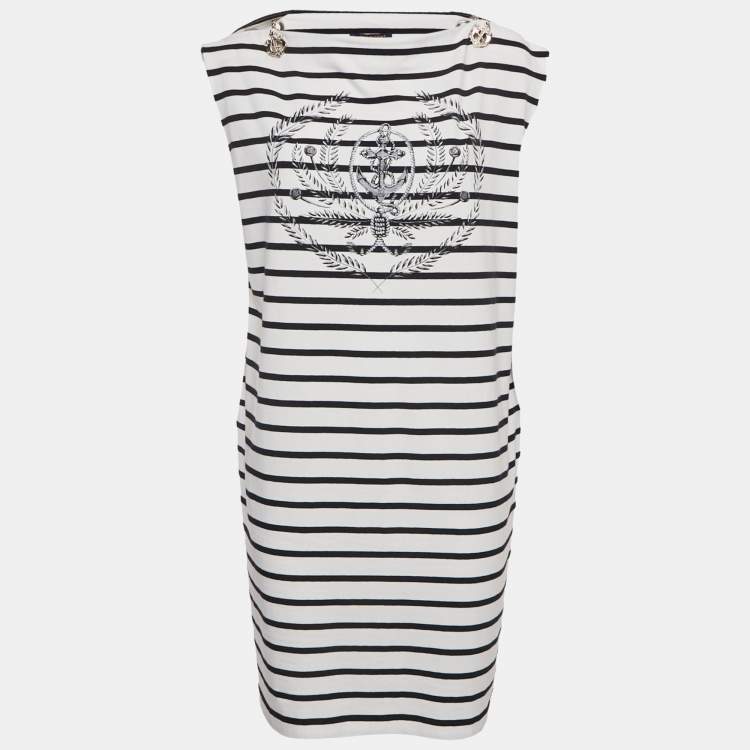 Pre Owned Louis Vuitton White & Navy Blue Striped Cotton Knit Chain Detail Dress XL