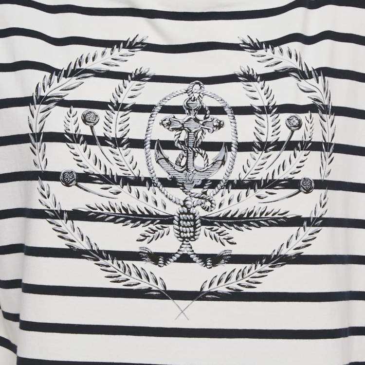 Pre Owned Louis Vuitton White & Navy Blue Striped Cotton Knit Chain Detail Dress XL