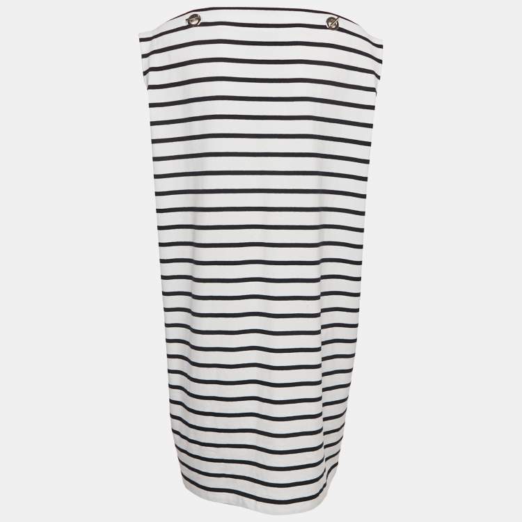 Pre Owned Louis Vuitton White & Navy Blue Striped Cotton Knit Chain Detail Dress XL