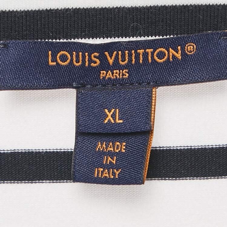 Pre Owned Louis Vuitton White & Navy Blue Striped Cotton Knit Chain Detail Dress XL