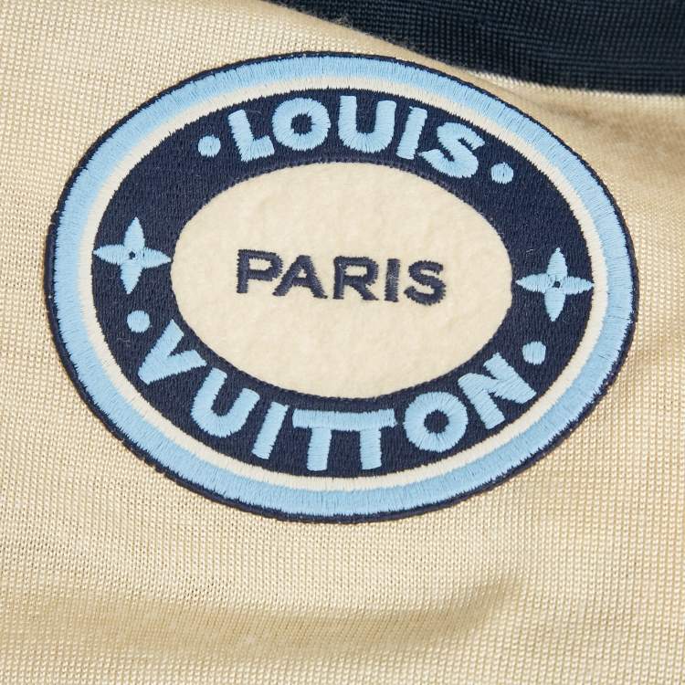 Pre Owned Louis vuitton Cream/Blue Applique Stretch Knit T-Shirt Dress L