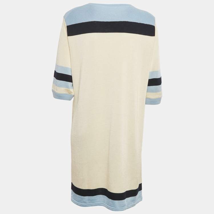 Pre Owned Louis vuitton Cream/Blue Applique Stretch Knit T-Shirt Dress L