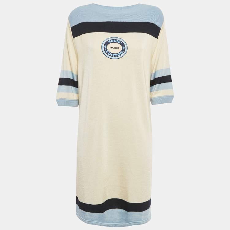 Pre Owned Louis vuitton Cream/Blue Applique Stretch Knit T-Shirt Dress L