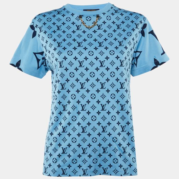 Pre Owned Louis Vuitton Blue Logo Printed Cotton Knit T-Shirt S