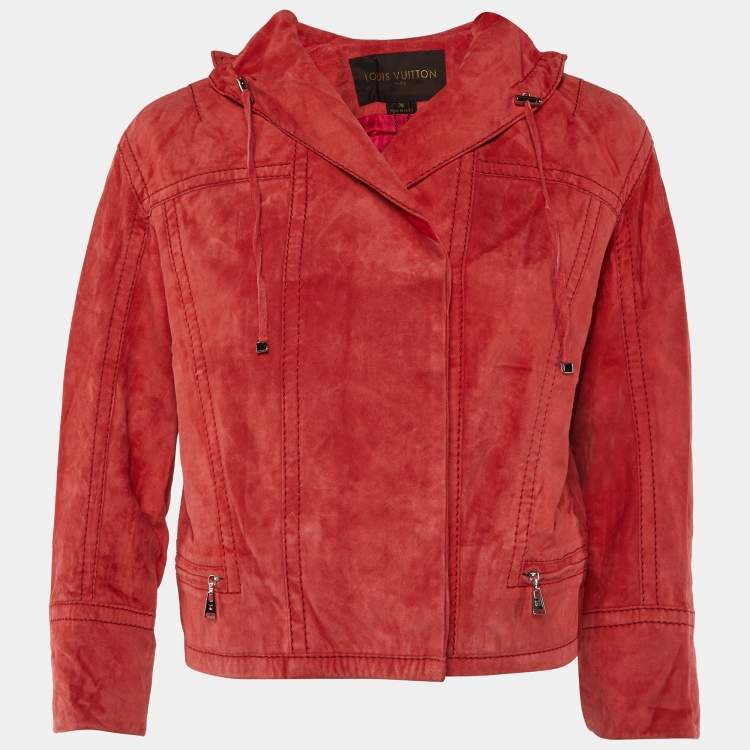 Pre Owned Louis Vuitton Red Suede Ruffled Neck Zip Front Jacket M