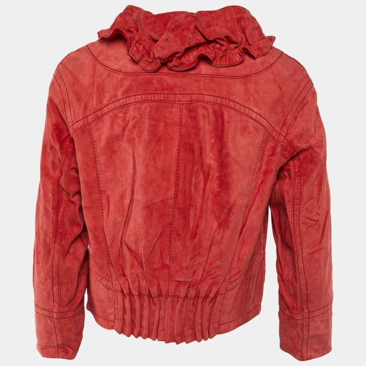 Pre Owned Louis Vuitton Red Suede Ruffled Neck Zip Front Jacket M