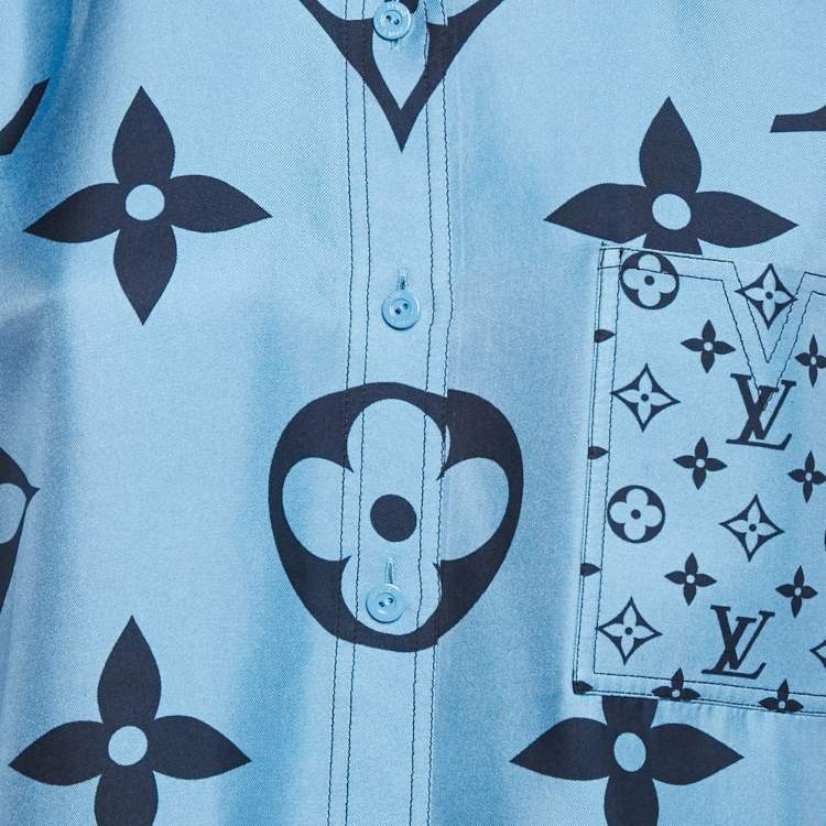 Pre Owned Louis Vuitton Blue Giant Monogram Print Silk Button Front Shirt M