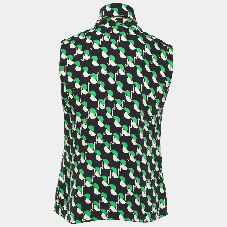 Pre Owned Louis Vuitton Black/Green Printed Silk Sleeveless Top S