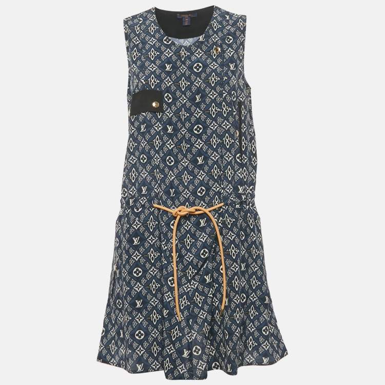 Pre Owned Louis Vuitton Navy Blue Logo Print Silk Sleeveless Mini Dress M