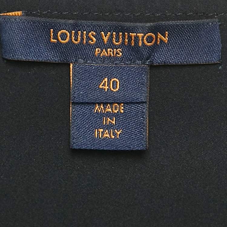 Pre Owned Louis Vuitton Navy Blue Logo Print Silk Sleeveless Mini Dress M