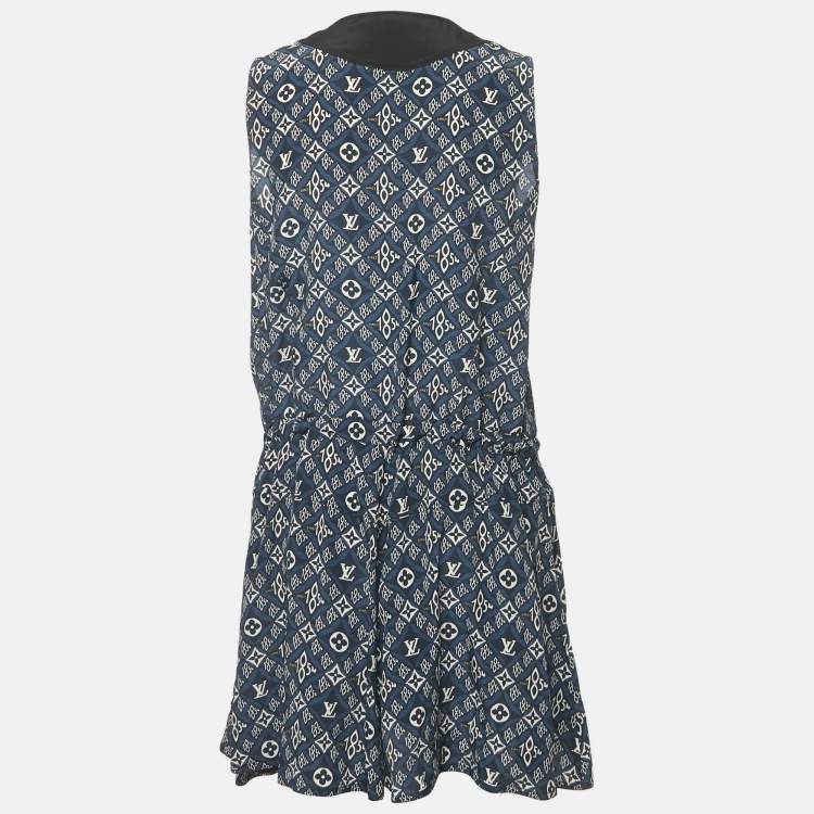 Pre Owned Louis Vuitton Navy Blue Logo Print Silk Sleeveless Mini Dress M