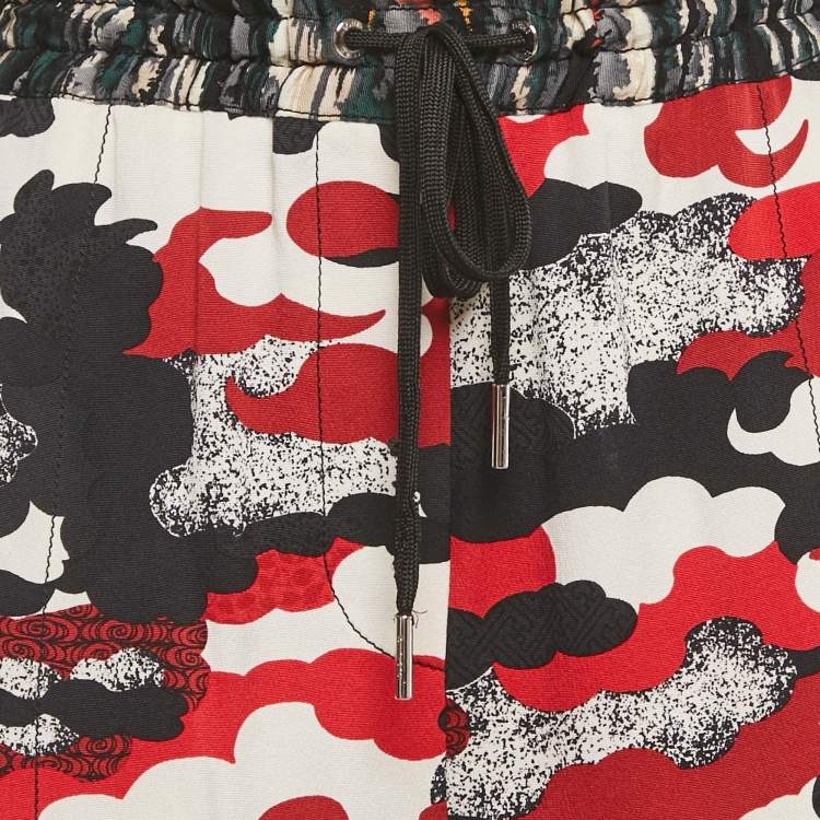 Pre Owned Louis Vuitton Red Camouflage Print Silk Drawstring Trousers S