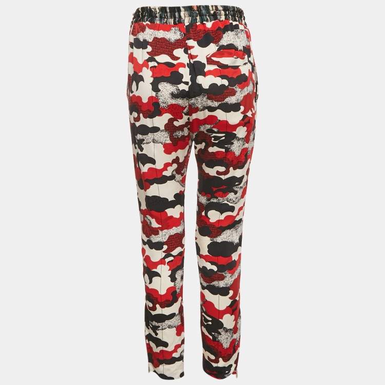 Pre Owned Louis Vuitton Red Camouflage Print Silk Drawstring Trousers S