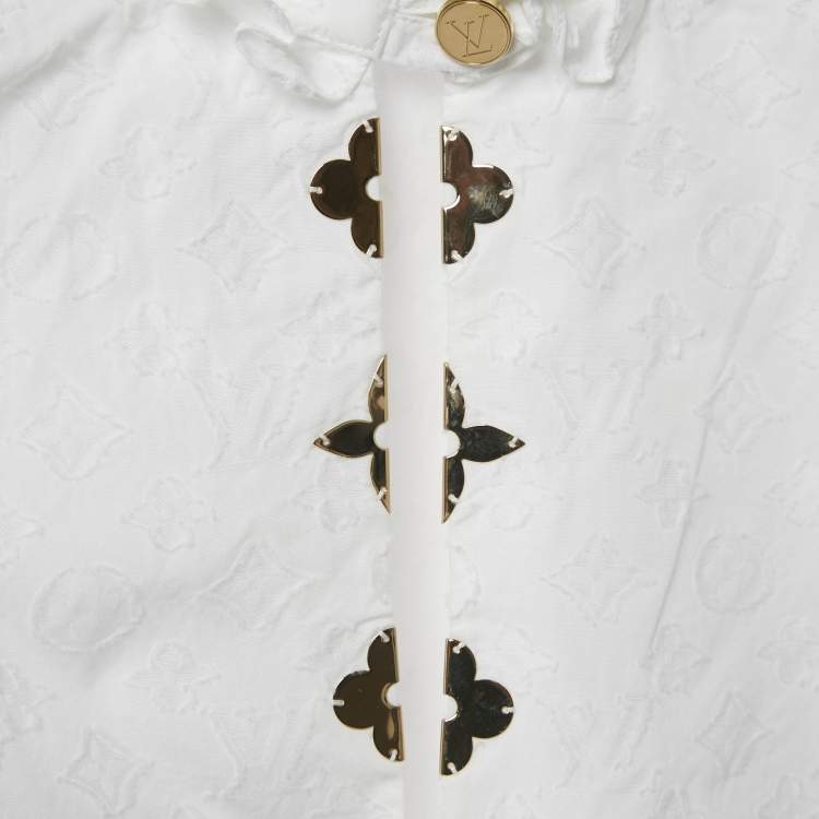 Pre Owned Louis Vuitton white Monogram Fil Coupe Cotton Frill Blouse S