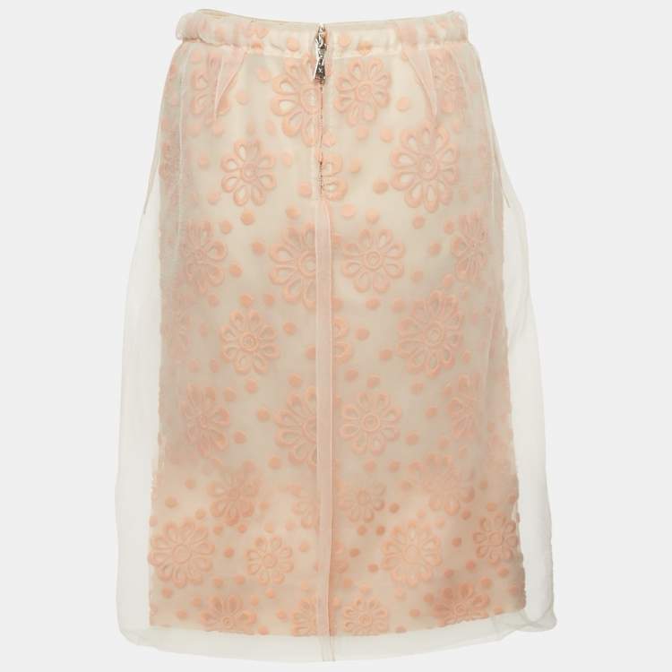 Pre Owned Louis Vuitton Orange Floral Embroidered Organza Pencil Skirt M