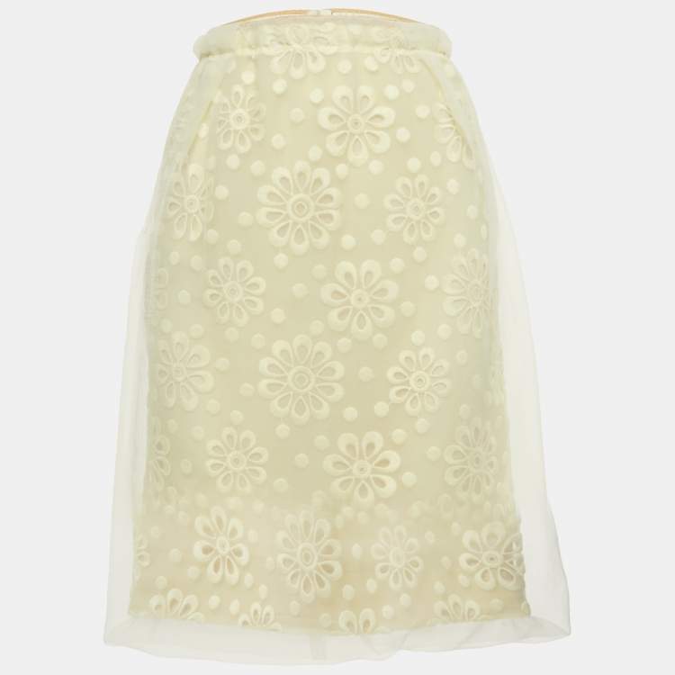 Pre Owned Louis Vuitton Yellow Floral Embroidered Organza Pencil Skirt M