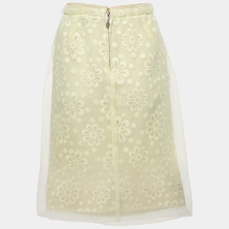Pre Owned Louis Vuitton Yellow Floral Embroidered Organza Pencil Skirt M