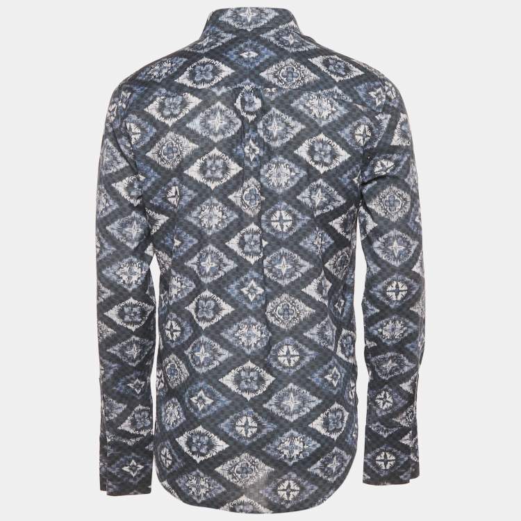 Pre Owned Louis Vuitton Blue/Grey Logo Print Cotton Long Sleeve Shirt M