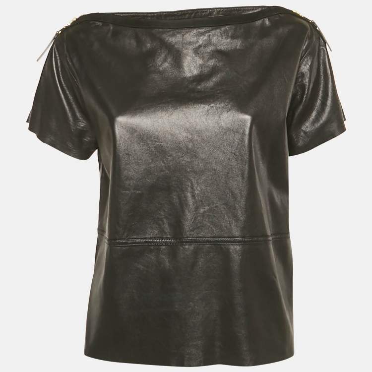 Pre Owned Louis Vuitton Black Leather Zip Detail Top M