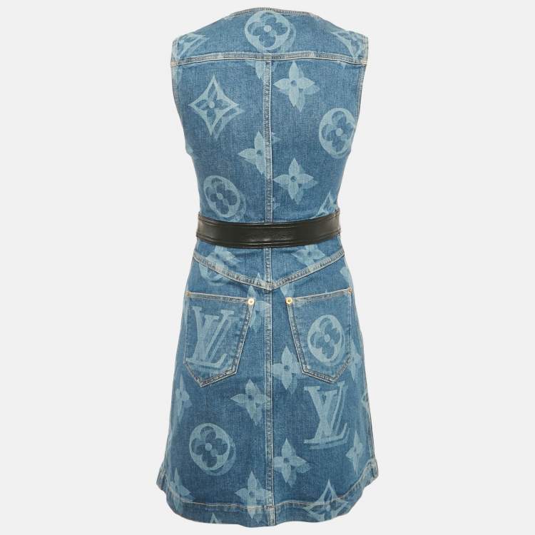 Pre Owned Louis Vuitton Blue Logo Print Denim Mini Dress S