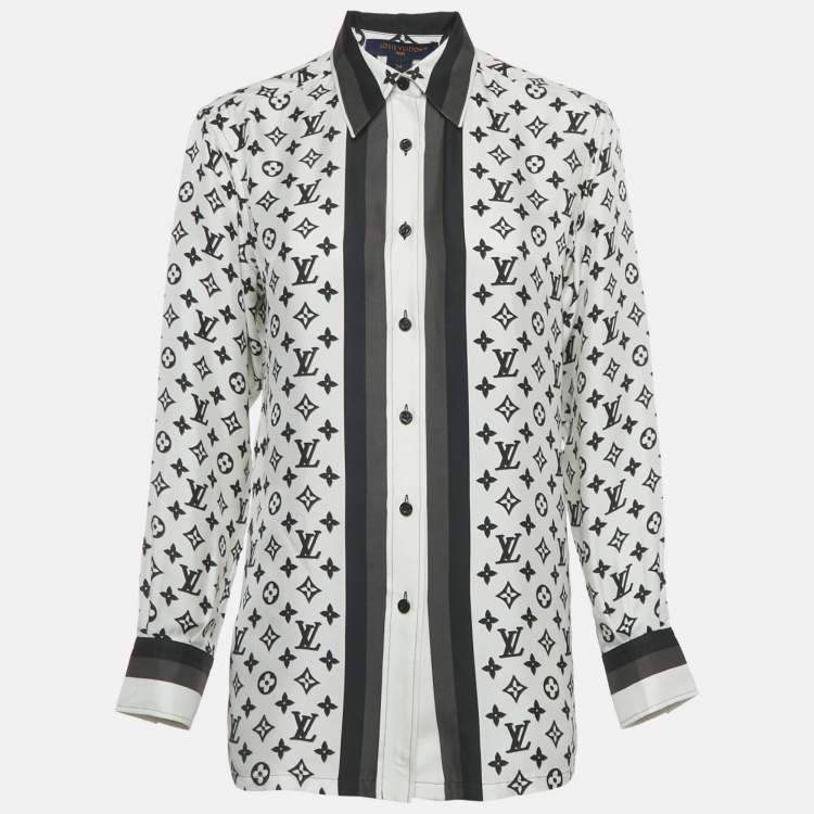 Pre Owned Louis Vuitton White Logo Print Silk Blouse S