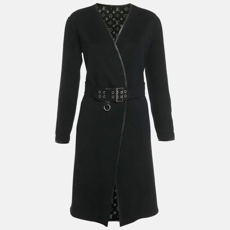 Pre Owned Louis Vuitton Black Wool Open Front Belted Leather Trim Coat S 