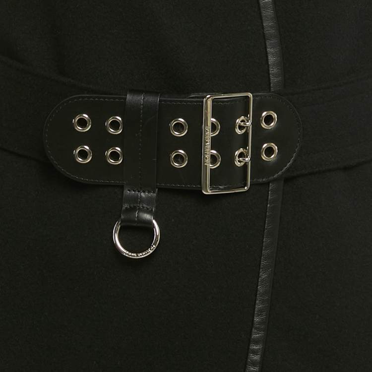 Pre Owned Louis Vuitton Black Wool Open Front Belted Leather Trim Coat S 