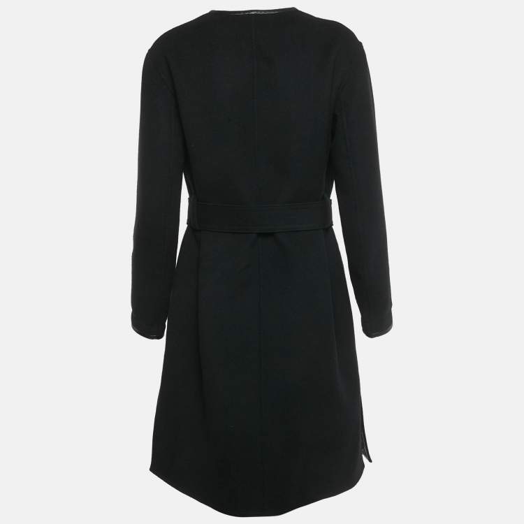 Pre Owned Louis Vuitton Black Wool Open Front Belted Leather Trim Coat S 