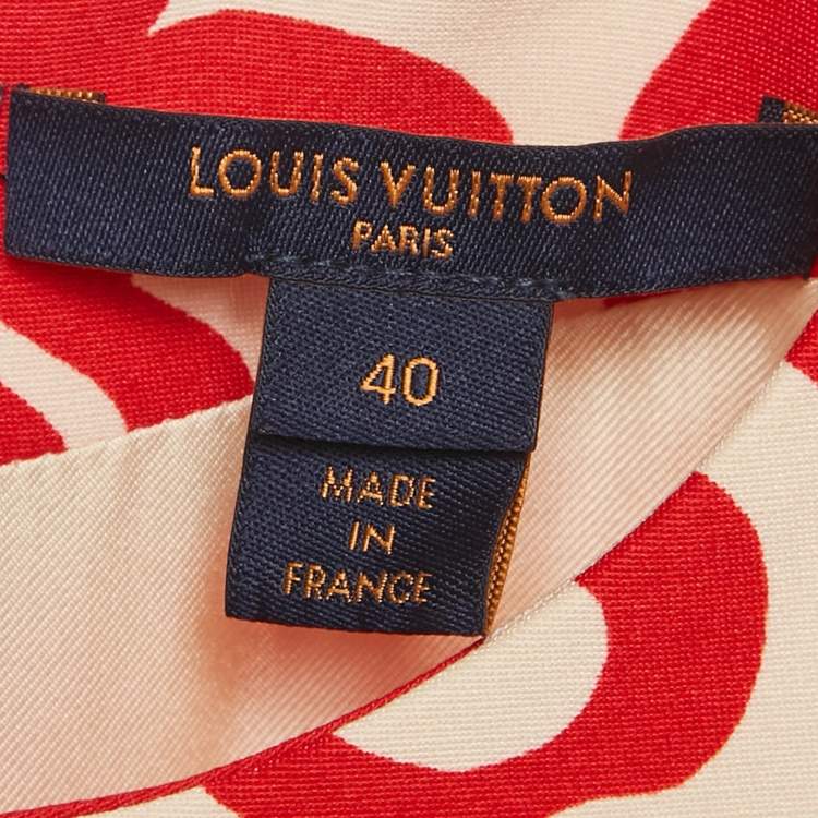Pre Owned Louis Vuitton Red Printed Crepe Leather Trim Shift Dress M