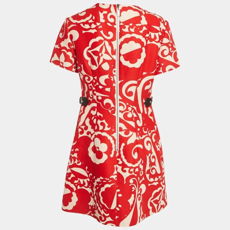 Pre Owned Louis Vuitton Red Printed Crepe Leather Trim Shift Dress M