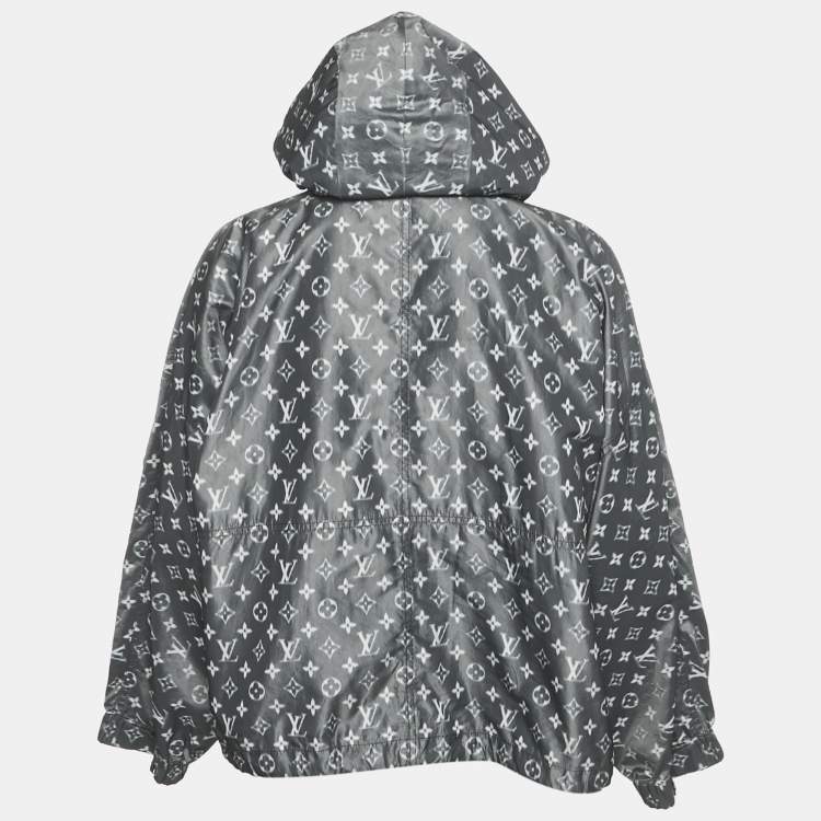 Pre Owned Louis Vuitton Grey Logo Print Silk Blend Zip-Up Hooded Jacket S