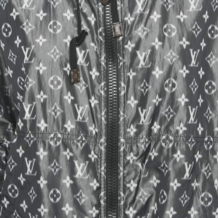 Pre Owned Louis Vuitton Grey Logo Print Silk Blend Zip-Up Hooded Jacket S